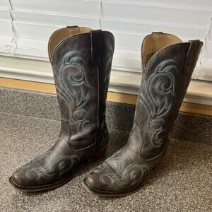 Roper Women Sz 9 Western Cowboy Boots Brown Embroidered Faux Leather Pointed Toe